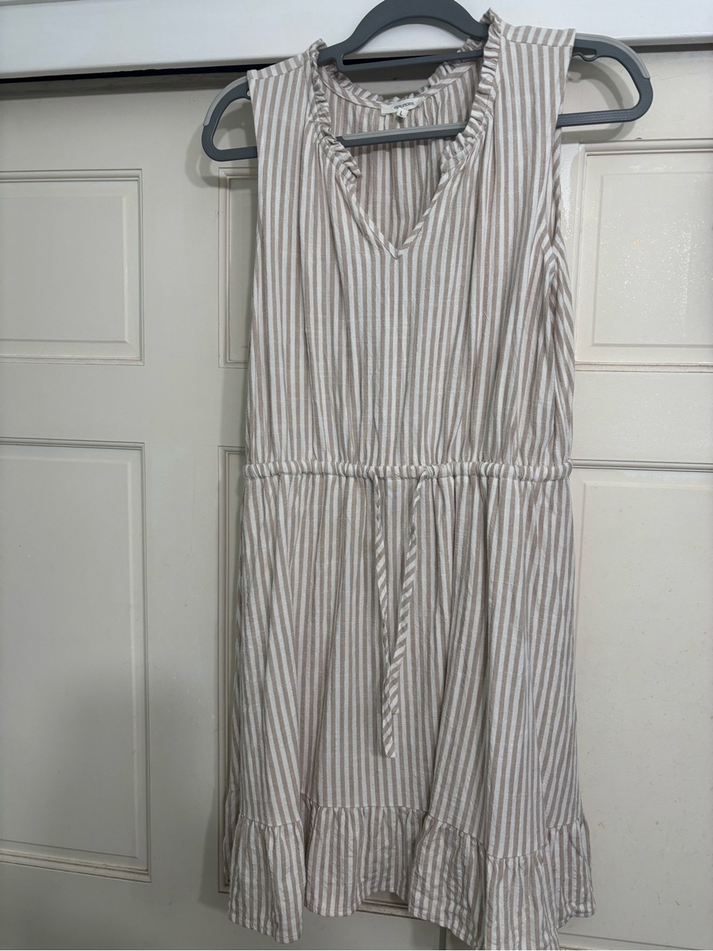 Maurices Beige and White Striped Sleeveless Tie-Waist Mini Dress